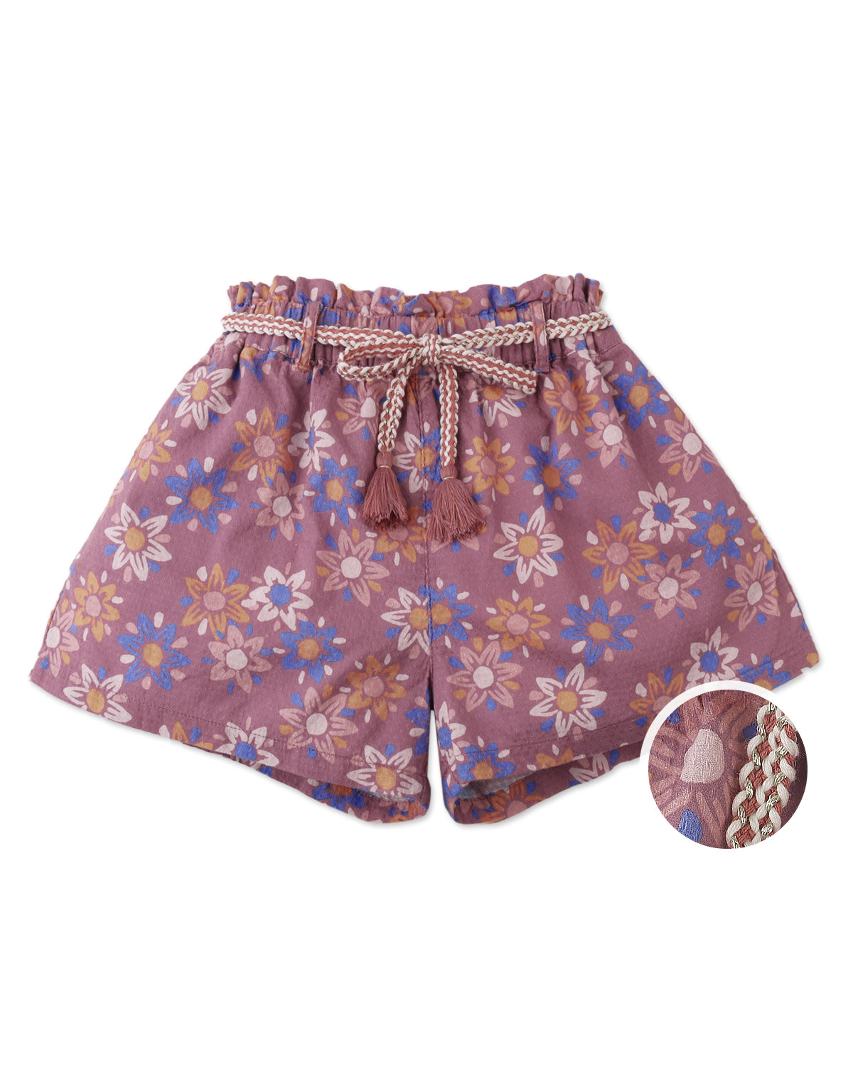 MYKA PRINTED DOBBY FLOWY SHORTS WITH BELT AND TASSELS
