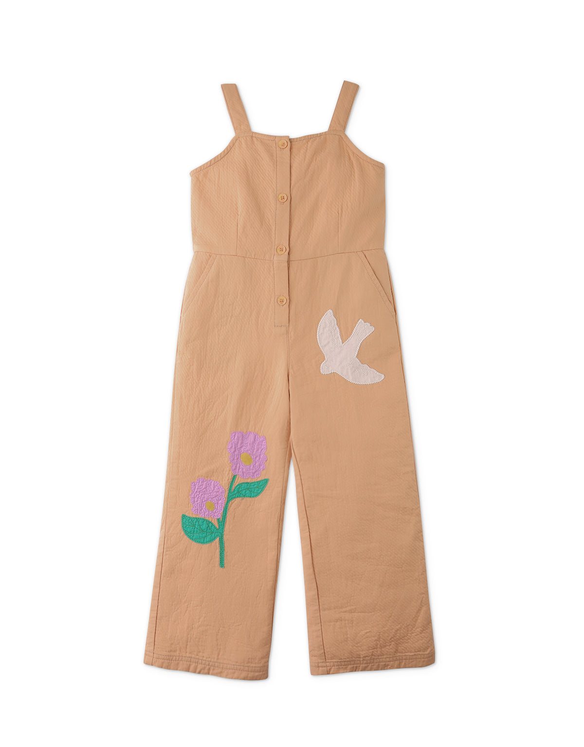 EUNICE STRAPPY JUMPSUIT WITH FRONT BUTTONS AND APPLIQUES