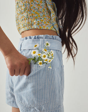 Close-up back detail of the Amara Linen-like Cotton Shorts in Stripes with Big Pockets & Belt, showing elastic waistband construction from the Spring Summer collection of Gingersnaps Philippines.