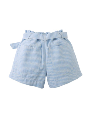 Flatlay back view of the Amara Linen-like Cotton Shorts in Stripes with Big Pockets & Belt with fabric and construction details from the Spring Summer collection of Filipino kids fashion brand Gingersnaps Philippines.