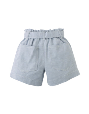 Flatlay back view of the Amara Denim Shorts with Big Pockets & Belt with fabric and construction details from the Spring Summer collection of Filipino kids fashion brand Gingersnaps Philippines.