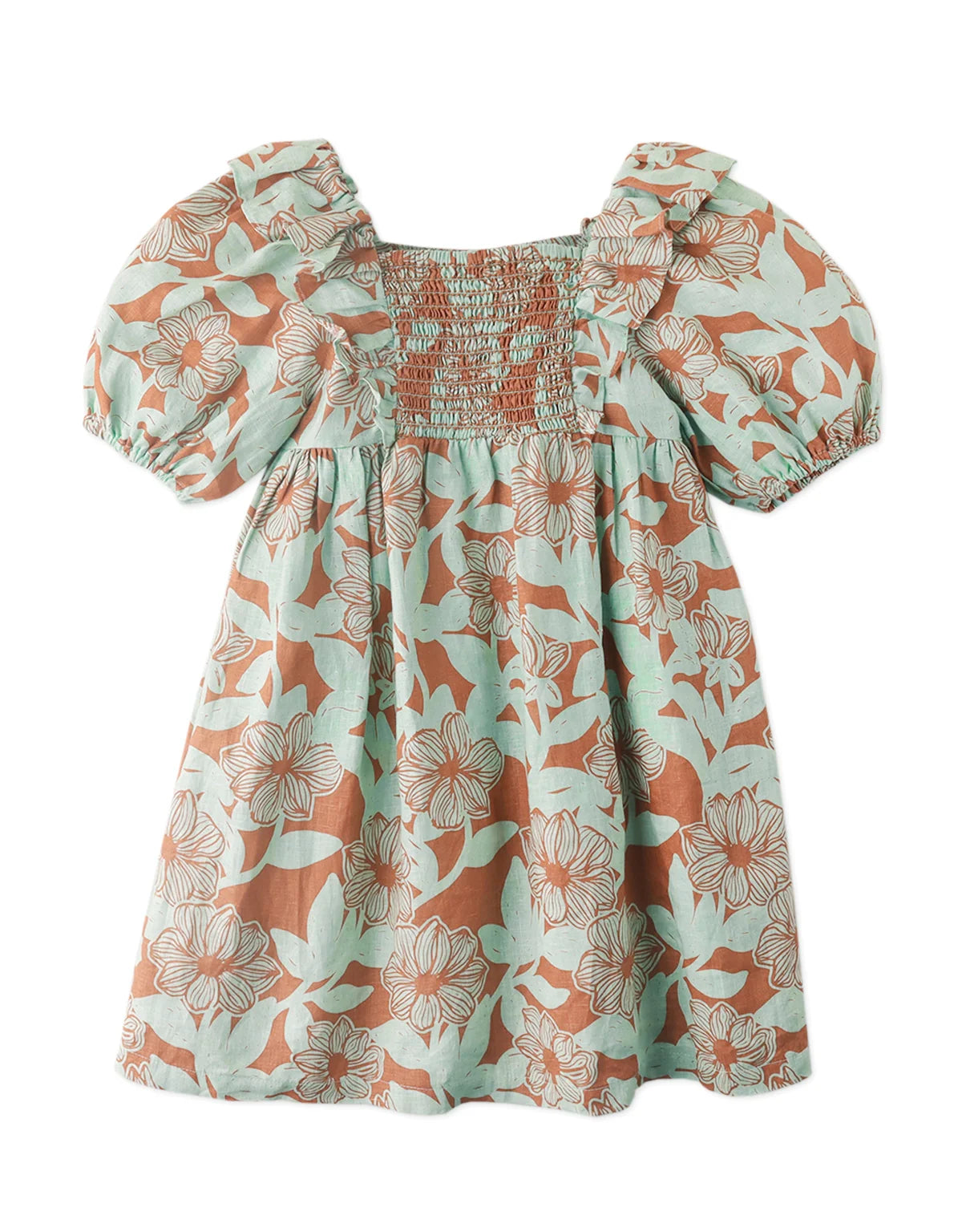 GIRLS SMOCKED BODICE DRESS WITH RUFFLE AND BUBBLE SLEEVES