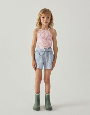 Full front catalog image of the Amara Denim Shorts with Big Pockets & Belt for kids from the Spring Summer collection of Gingersnaps Philippines.