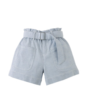 Flatlay front view of the Amara Denim Shorts with Big Pockets & Belt, showcasing pocket placement and paper-bag waist construction from the Spring Summer collection of Filipino kids fashion brand Gingersnaps Philippines.