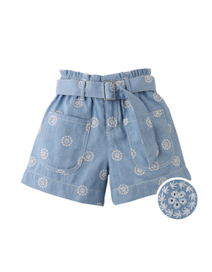 Flatlay front view of the Amara Denim Shorts with Big Pockets & Belt, showcasing pocket placement, paper-bag waist construction, and multicolor embroidered accents from the Spring Summer collection of Filipino kids fashion brand Gingersnaps Philippines.