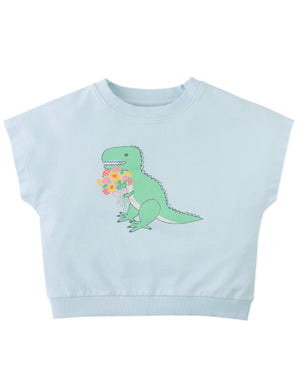 Flatlay front view of the Winona Springtime Dino Graphic Terry Top, showcasing graphic placement and terry texture from the Spring Summer collection of Filipino kids fashion brand Gingersnaps Philippines.