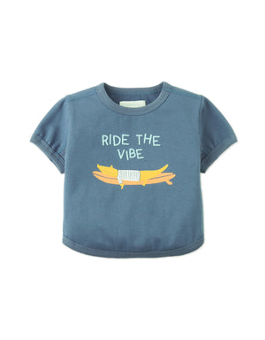 Flatlay front view of the Baby Chalice Cotton Barrel Tee in blue with surfing crocodile or gorilla print details from the Spring Summer collection of Filipino kids fashion brand Gingersnaps Philippines.