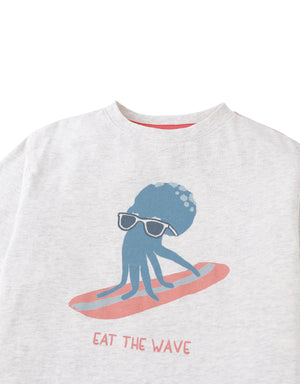 Close-up front detail of the Oruo Surfing Octopus Relaxed-Fit Graphic Tee, highlighting the surfing octopus graphic print and jersey knit texture from the Summer collection of Gingersnaps Philippines.