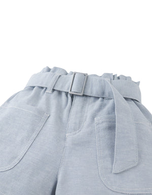 Close-up front detail of the Amara Denim Shorts with Big Pockets & Belt, highlighting embroidered denim texture, belt detail, and roomy pockets from the Spring Summer collection of Gingersnaps Philippines.