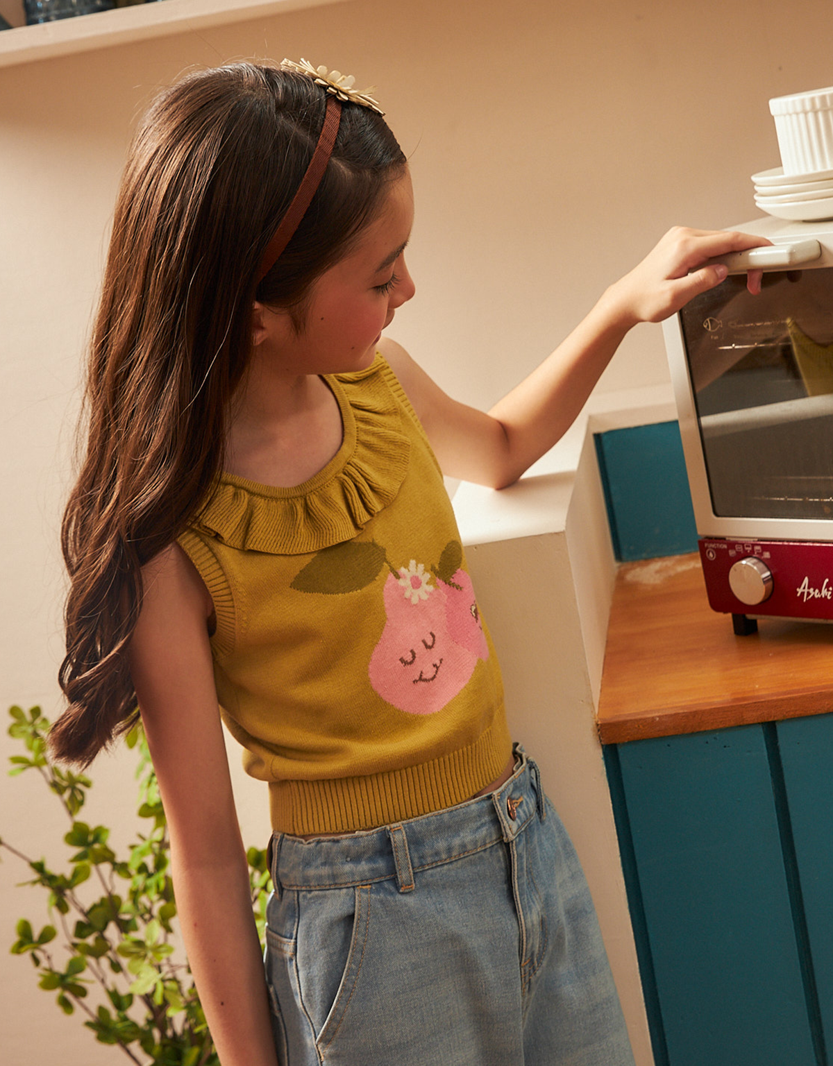 GIRLS PEAR INTARSIA SLEEVELESS TOP WITH RUFFLES