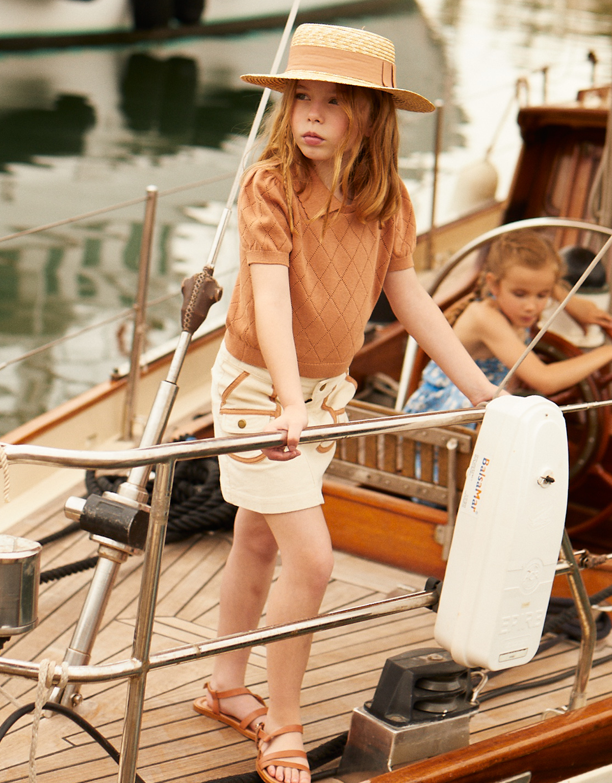 GIRLS DENIM SHORT A-LINE SKIRT WITH PATCH POCKET AND CONTRAST PIPING