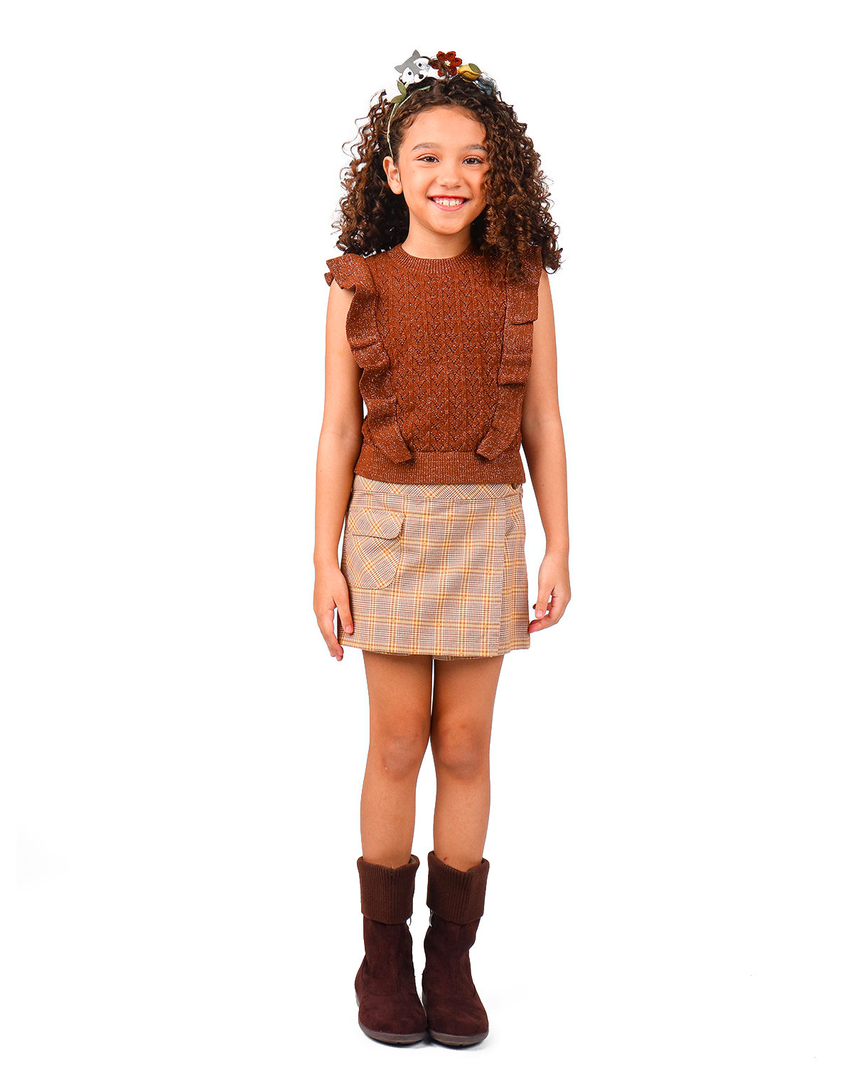 GIRLS LUREX POINTELLE KNIT TOP WITH FRILLS