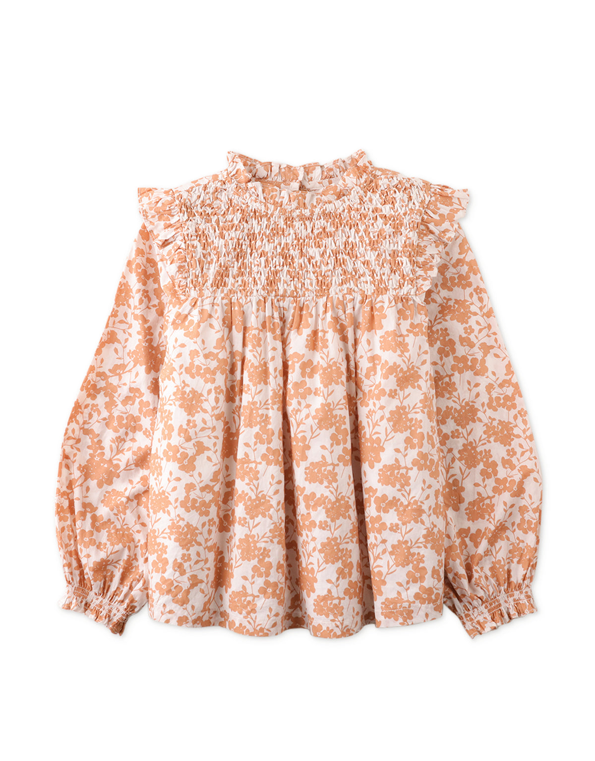 GIRLS PRINTED LONG SLEEVES TOP WITH DIAMOND SMOCKED YOKE