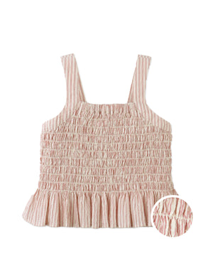 Close-up front detail of the Josephine Striped Peplum Top with Flower Appliqué, highlighting the flower appliqué and smocked bodice from the Spring Summer collection of Gingersnaps Philippines.