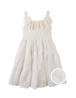 Flatlay front view of the Addison Dress with Corsage & Tiered Skirt, showcasing the eyelet neckline, corsage accent, and embroidered tiered skirt from the Spring Summer collection of Filipino kids fashion brand Gingersnaps Philippines.