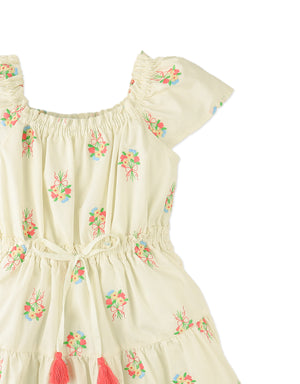Close-up front detail of the Avery Embroidered Dress with Bubble Sleeves, highlighting delicate floral embroidery and softly gathered sleeves from the Spring Summer collection of Gingersnaps Philippines.