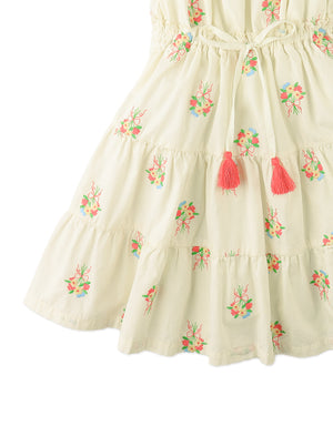 Flatlay front view of the Avery Embroidered Dress with Bubble Sleeves, showcasing embroidered details and empire waist construction from the Spring Summer collection of Filipino kids fashion brand Gingersnaps Philippines.