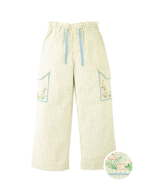 Close-up front detail of the Ariana Cargo Pants with Embroidered Pockets & Paper-bag Waist, highlighting pocket embroidery and gathered waistband from the Spring Summer collection of Gingersnaps Philippines.