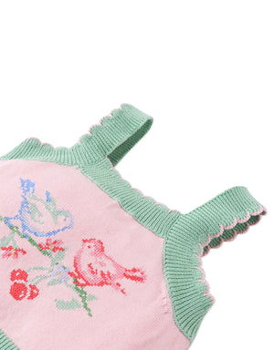 Close-up front detail of the Baby Rosé Combed Cotton Knit Top with Cross-Stitch Embroidery, highlighting breathable pink cotton knit and bird cross-stitch accents from the Spring Summer collection of Gingersnaps Philippines.