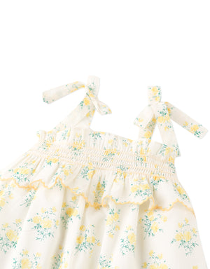 Close-up front detail of the Baby Katie Embroidered Tiered Dress with Tie Straps, highlighting botanical embroidery and tie strap detailing from the Spring Summer collection of Gingersnaps Philippines.