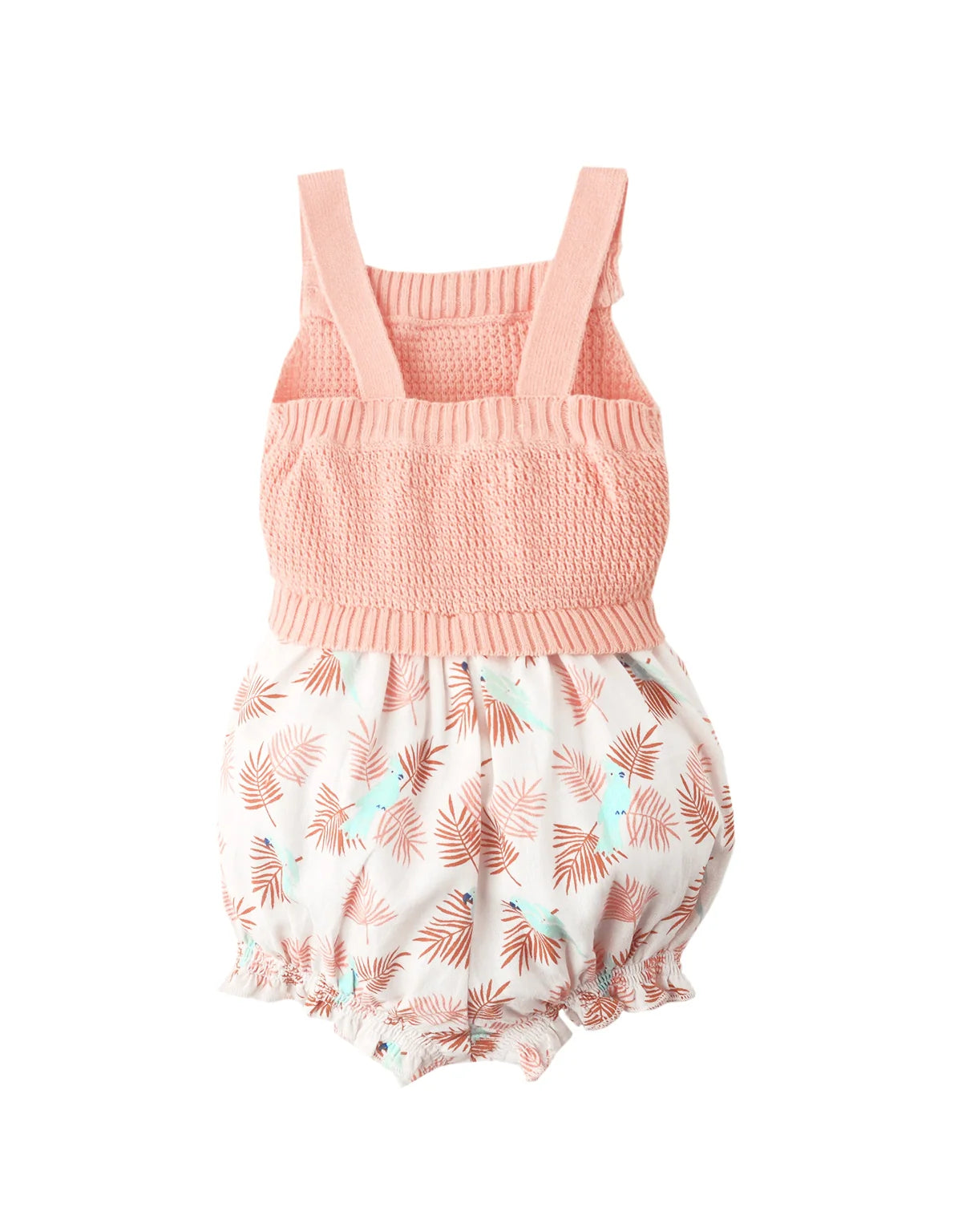 BABY GIRLS CROCHET-LIKE KNIT AND PRINTED COTTON PLAYSUIT
