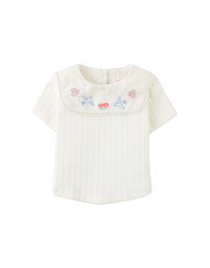 Close-up front detail of the Baby Jurin Embroidered Top and Checkered Shorts Set, highlighting avian and floral embroidery on the ribbed top from the Spring Summer collection of Gingersnaps Philippines.