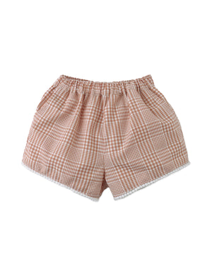 Flatlay front view of the Baby Jurin Embroidered Top and Checkered Shorts Set with embroidered detailing and patterned shorts from the Spring Summer collection of Filipino kids fashion brand Gingersnaps Philippines.