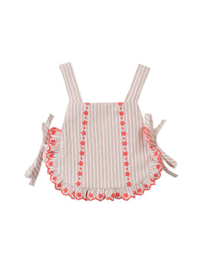 Close-up front detail of the Baby Juria Apron Blouse and Shorts Set with Scallop Ruffles, highlighting scalloped ruffle trim and striped fabric from the Spring Summer collection of Gingersnaps Philippines.