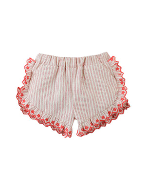 Flatlay front view of the Baby Juria Apron Blouse and Shorts Set with Scallop Ruffles with striped fabric and ruffle detailing from the Spring Summer collection of Filipino kids fashion brand Gingersnaps Philippines.