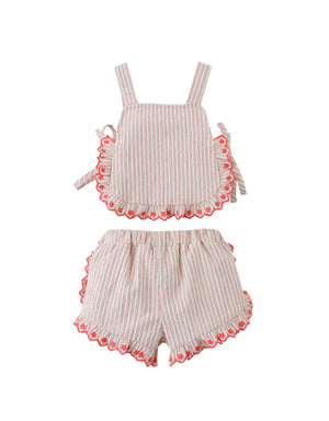 Full front catalog image of the Baby Juria Apron Blouse and Shorts Set with Scallop Ruffles for infant girls, a coordinated blouse and shorts set from the Spring Summer collection of Gingersnaps Philippines.