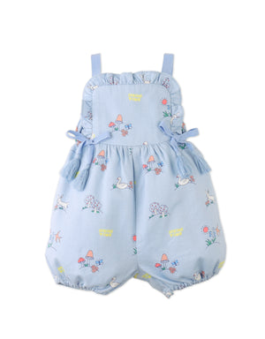 Campaign photo of the Baby Harvey All-Over Print Bubble Playsuit with Ribbon Ties for kids from the Spring Summer collection of Filipino kids fashion brand Gingersnaps Philippines, featuring playful bunny prints and a whimsical bubble silhouette.