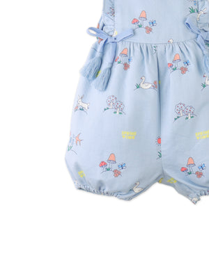 Flatlay front view of the Baby Harvey All-Over Print Bubble Playsuit with Ribbon Ties, showcasing button closures, ribbon ties, and playful bunny prints from the Spring Summer collection of Filipino kids fashion brand Gingersnaps Philippines.