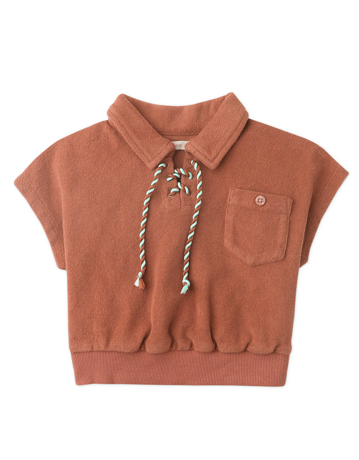 GIRLS TERRY TOWEL COLLARED TOP WITH 2-TONE TIES AND POCKET DETAIL