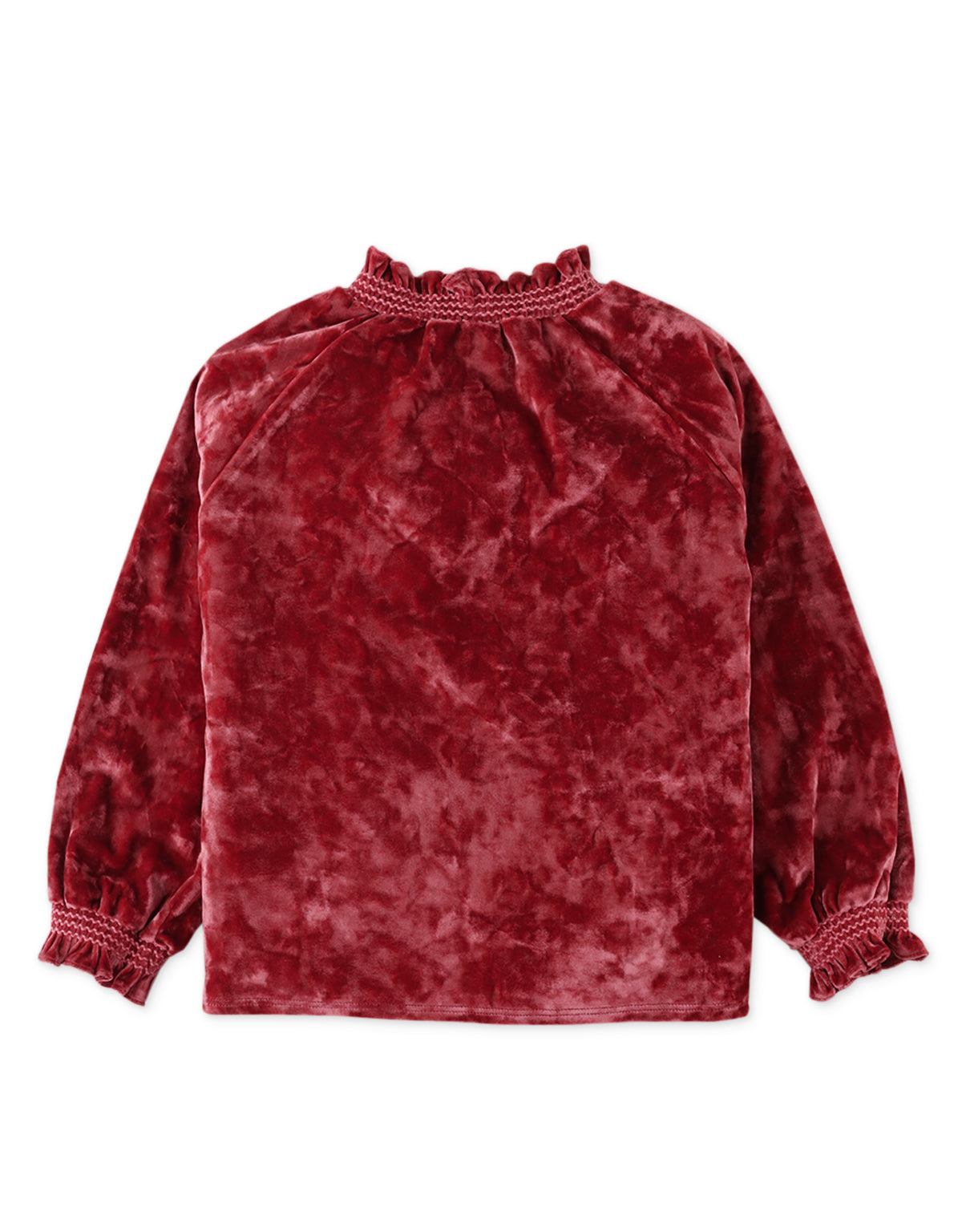 GIRLS VELVET TOP WITH SMOCKED EMBROIDERY ON NECK AND CUFFS