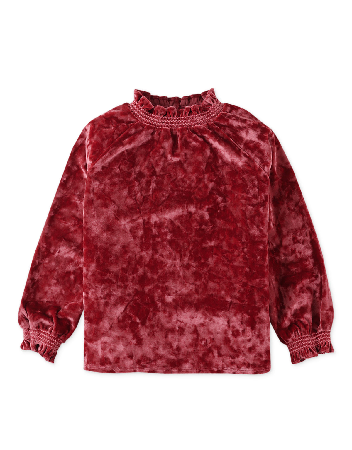 GIRLS VELVET TOP WITH SMOCKED EMBROIDERY ON NECK AND CUFFS