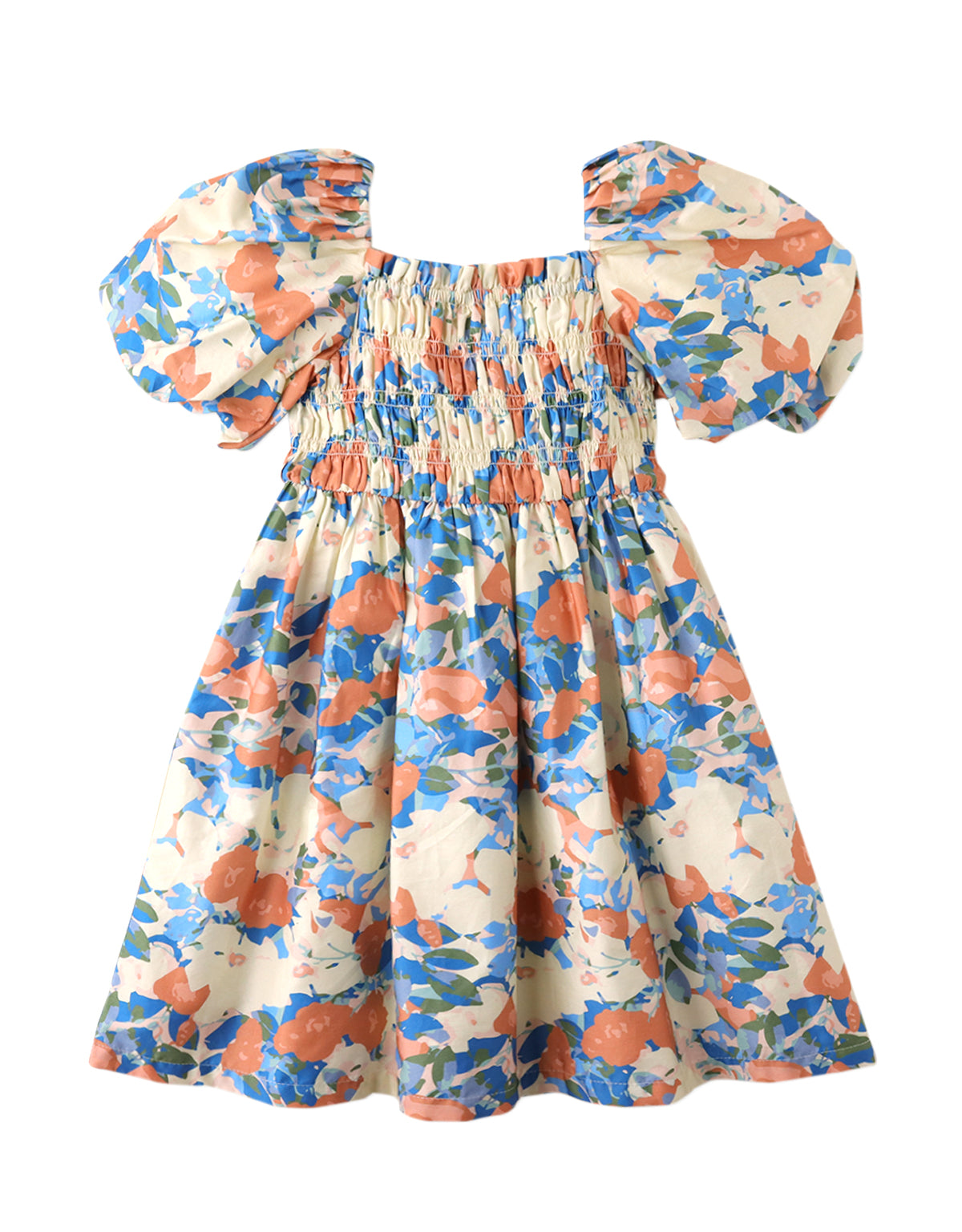 GIRLS TOILE PRINT DRESS WITH SMOCKED BODICE AND BUBBLE SLEEVES