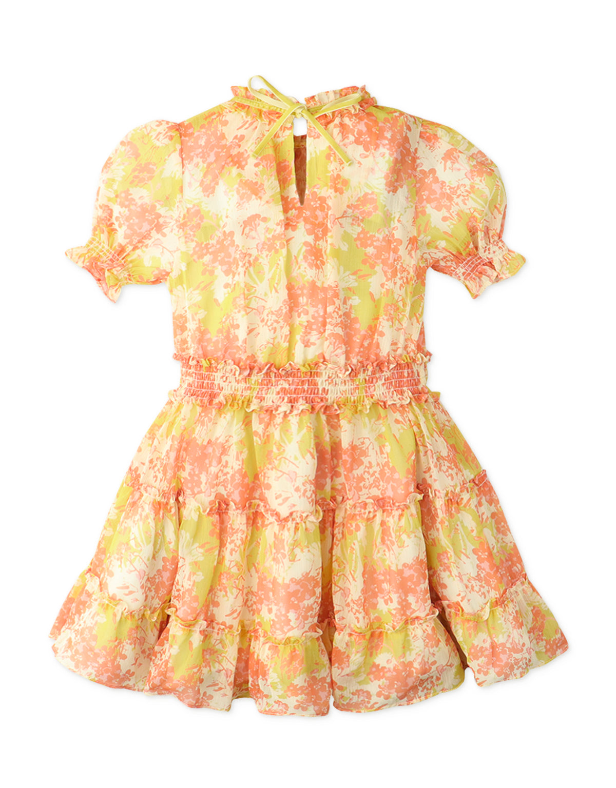 GIRLS SMOCKED WAIST TIERED DRESS WITH PUFF SLEEVES