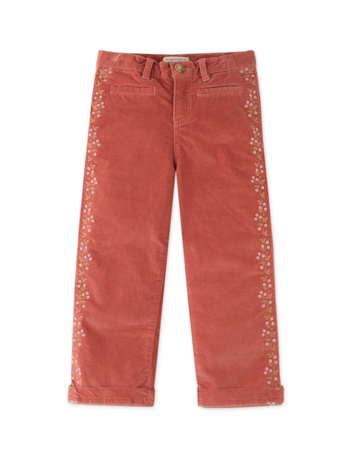 GIRLS STRAIGHT FIT WALELESS CORD PANTS WITH SIDE EMBRO