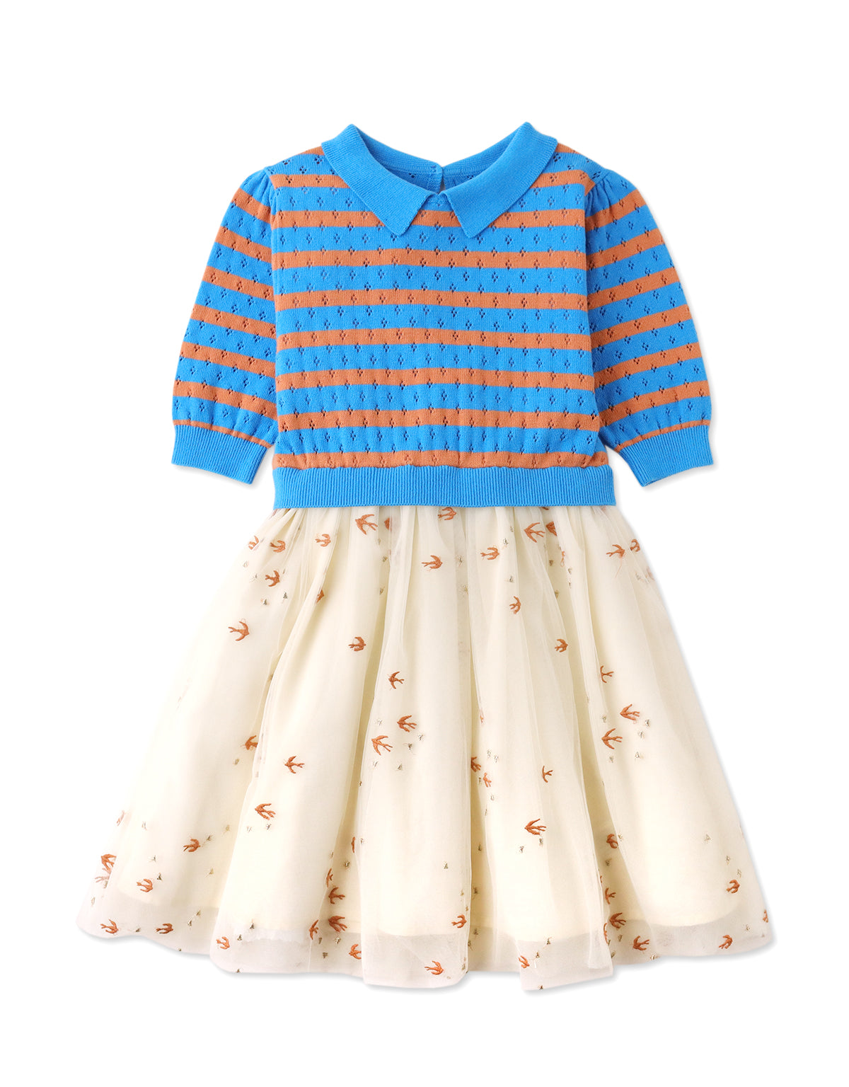 GIRLS KNITTED BODICE DRESS WITH BIRD EMBROIDERED SKIRT