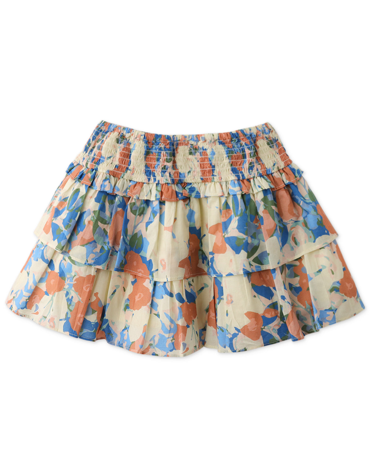 GIRLS FLORAL PRINT TIERED SKIRT WITH SMOCKED YOKE
