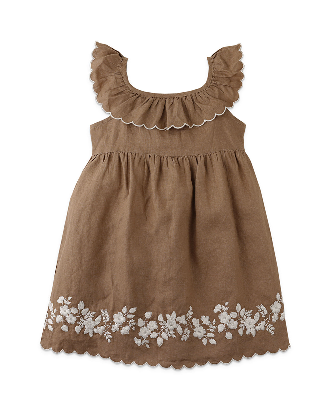 GIRLS SCALLOPED BABY DOLL DRESS WITH EMBROIDERED HEM