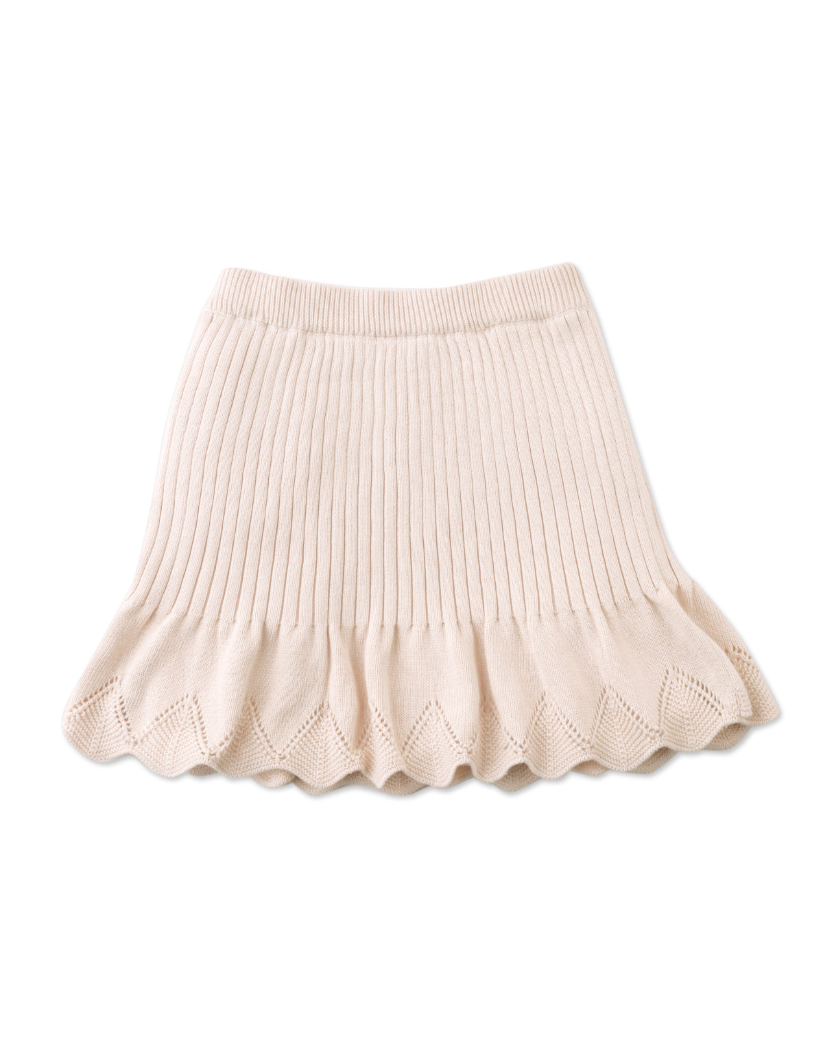 MIA RIBBED KNITTED SKIRT WITH SCALLOPED POINTELLE FLUTTER HEM