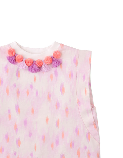KATYA PRINTED TOP WITH POM-POM AND TASSELS ON NECKLINE