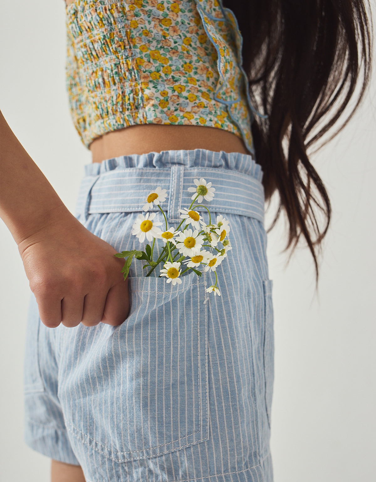 Close-up back detail of the Amara Linen-like Cotton Shorts in Stripes with Big Pockets & Belt, showing elastic waistband construction from the Spring Summer collection of Gingersnaps Philippines.