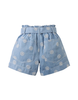 Flatlay back view of the Amara Denim Shorts with Big Pockets & Belt with fabric texture and construction details from the Spring Summer collection of Filipino kids fashion brand Gingersnaps Philippines.