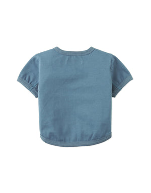 Flatlay back view of the Baby Chalice Cotton Barrel Tee in blue with fabric details from the Spring Summer collection of Filipino kids fashion brand Gingersnaps Philippines.