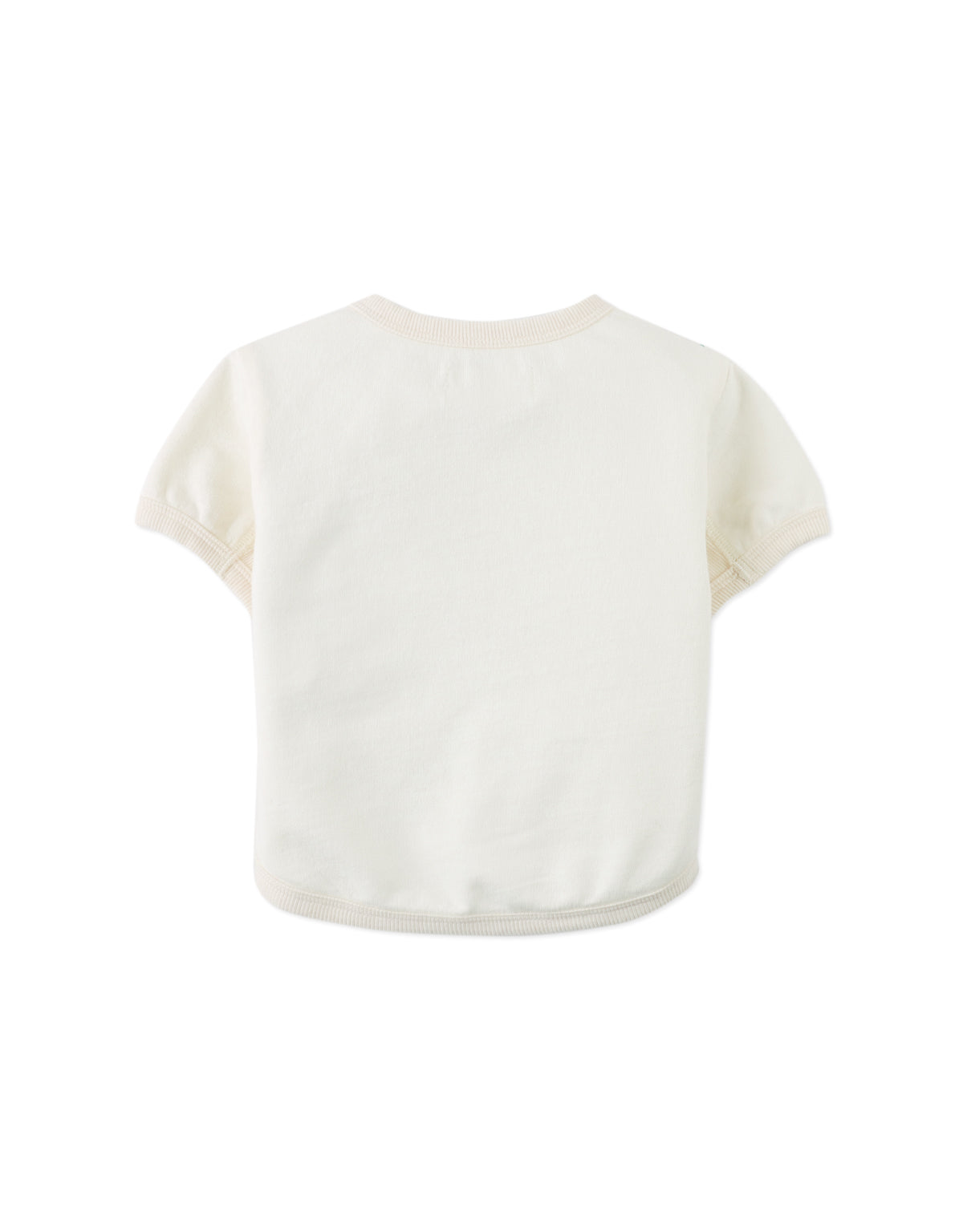 Flatlay back with details of the Baby Chalice Cotton Barrel Tee in off-white showcasing the smooth cotton material, c