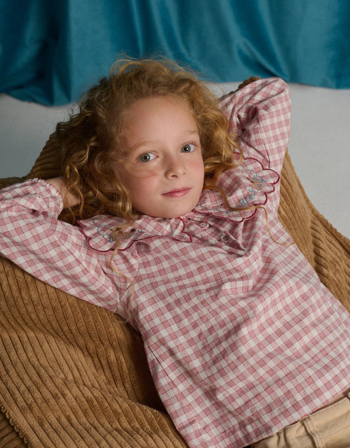 Gracia Checkered Blouse with Poodle Embroidery and Scalloped Sailor Collar
