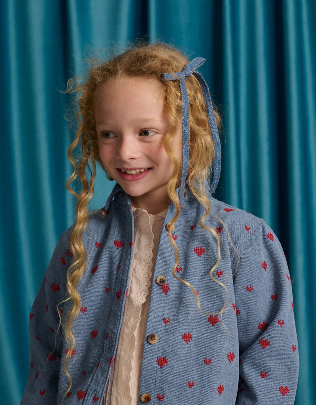 Josefina Denim Shirt with Heart Embroidery and Corduroy Collar
