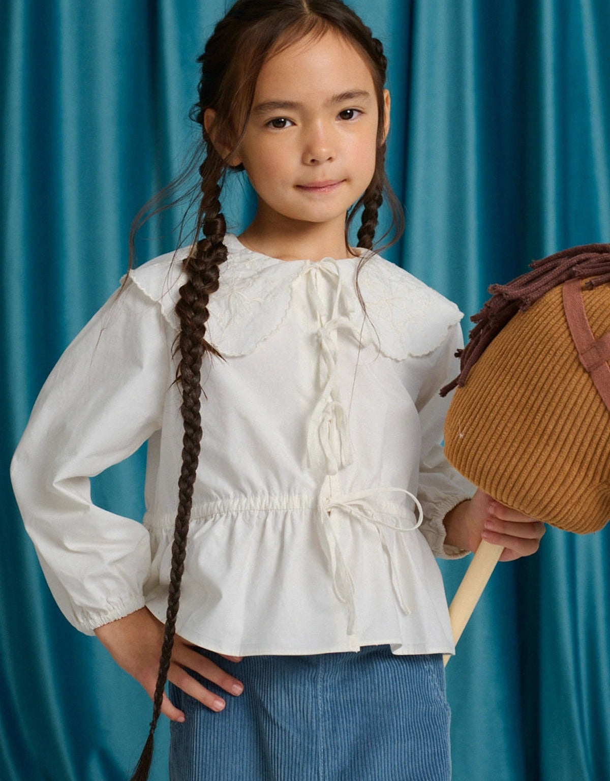 Mercedes Top with Peplum Sleeves, Embroidered Scalloped Collar, and Front Ties